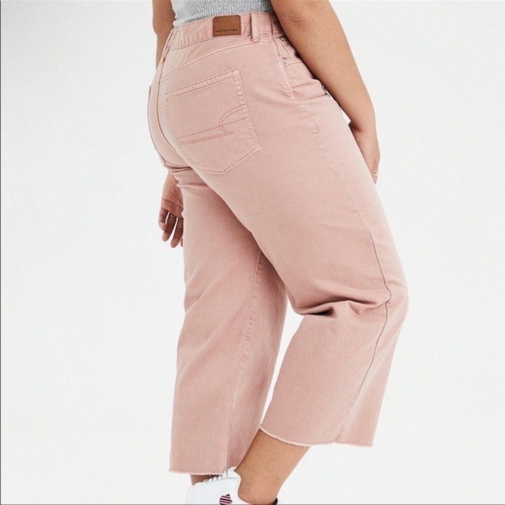 American Eagle Jeans Wide Leg Cropped Raw Hem Hidden Button Fly High Rise Denim
